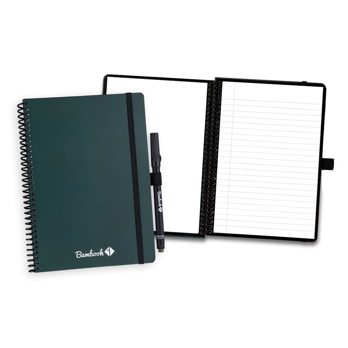 Veluwe Colourful uitwisbaar notitieboek - (Forest) - Softcover - A5 - Pagina's: Blanco & Gelinieerd - Duurzaam, herbruikbaar whiteboard schrift - Met 1 gratis stift de Bambook en Vert foncé – photo produit