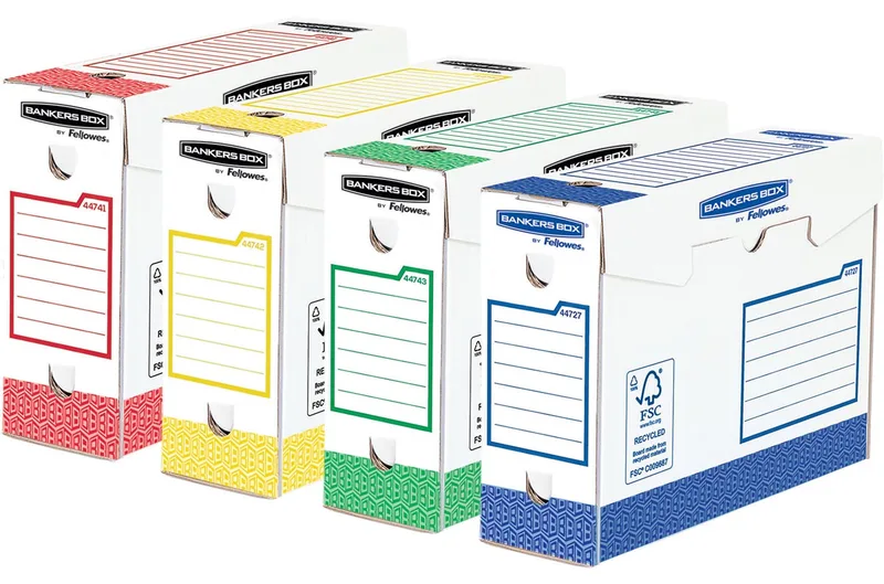 basic archiefdoos heavy duty, ft 9,5 x 24,5 x 33 cm, geassorteerde kleuren, pak van 8 stuks by Bankers Box – product photo