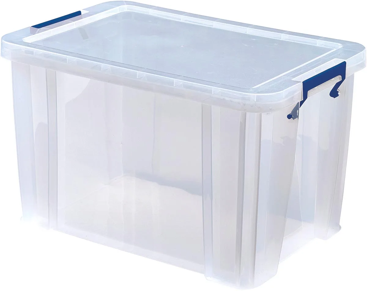 opbergdoos 26 liter, transparant met blauwe handvaten, per stuk verpakt in karton by Bankers Box – product photo