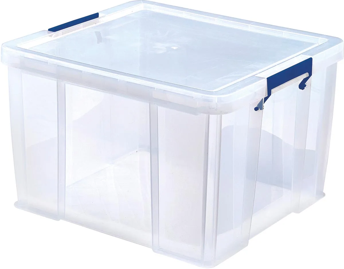 opbergdoos 48 liter, transparant met blauwe handvaten, per stuk verpakt in karton de Bankers Box – photo produit