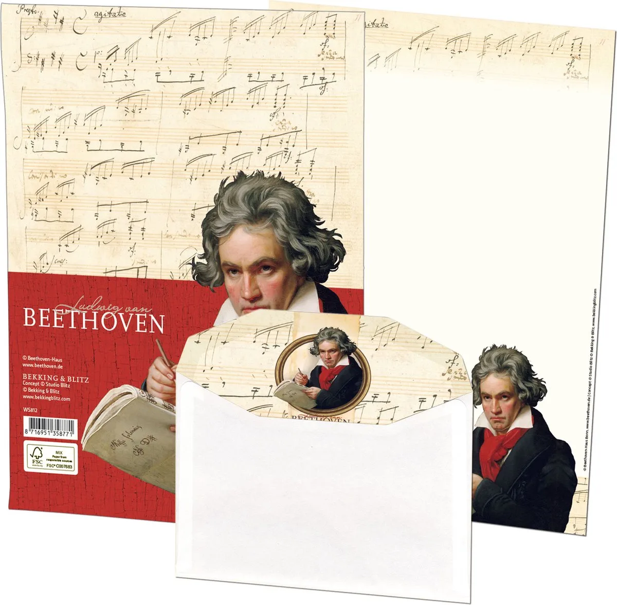 Briefpapier - 10 vellen briefpapier - Inclusief enveloppen - Kunst - Uniek design - Klassieke muziek - Componist - Ludwig van Beethoven - Joseph Karl Stieler - Beethoven Haus Bonn by Bekking & Blitz in Multicolour – product photo