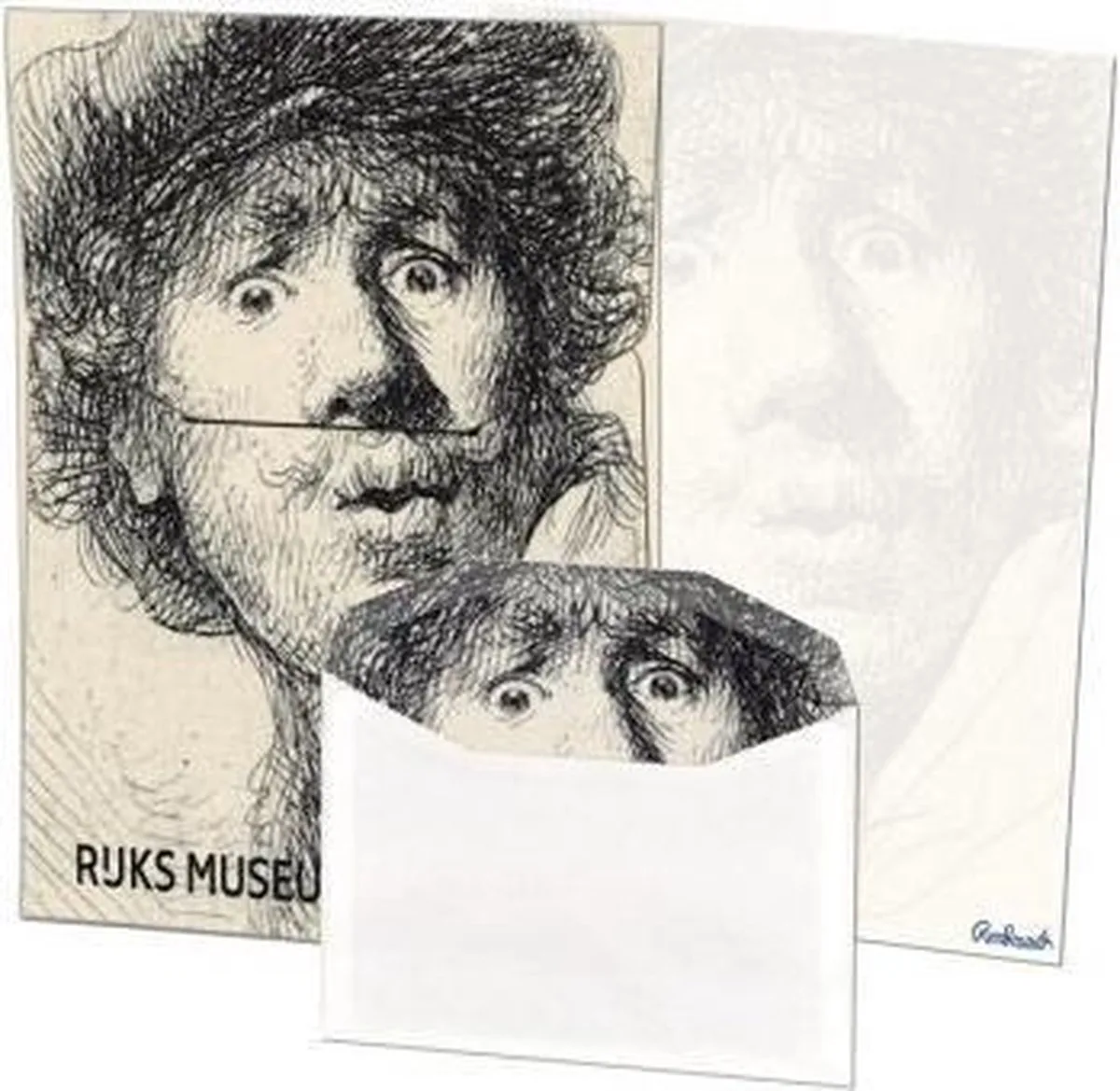 Briefpapier met enveloppen: De Omval, Rembrandt van Rijn, Museum Het Rembrandthuis fra Bekking & Blitz i Sort – produktbillede