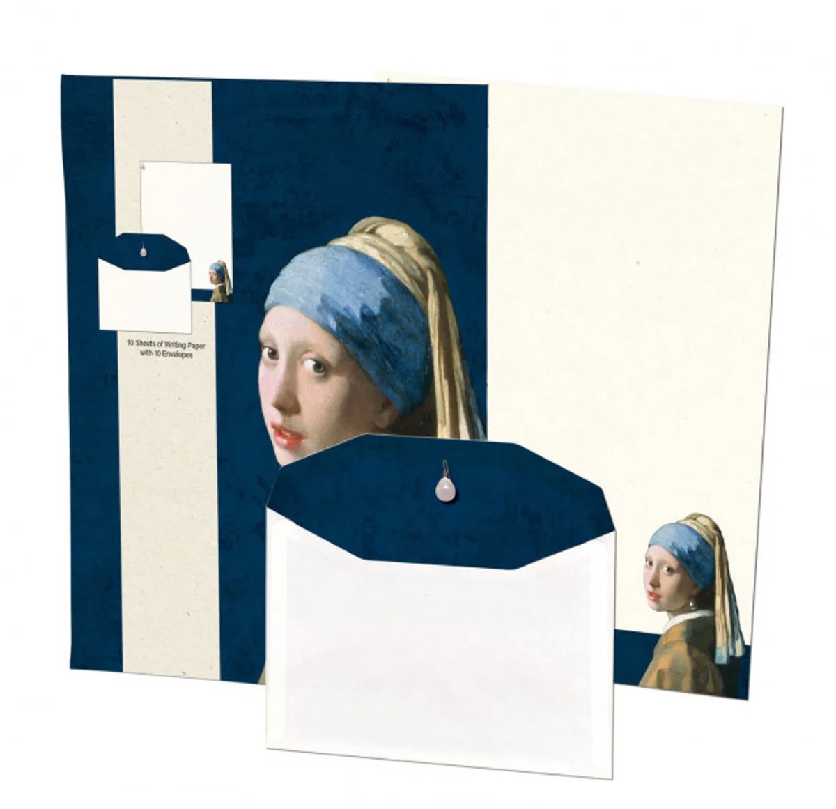 Briefpapier met enveloppen – Meisje met de parel, Johannes Vermeer, Mauritshuis de Bekking & Blitz en Bleu foncé, Beige, Bleu clair – photo produit