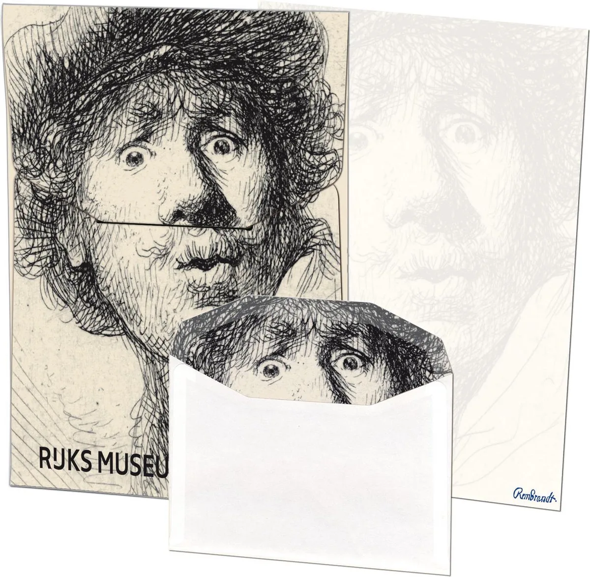 Briefpapier met enveloppen: Zelfportret, Rembrandt van Rijn, Collection Rijksmuseum fra Bekking & Blitz i Zwart-wit – produktbillede