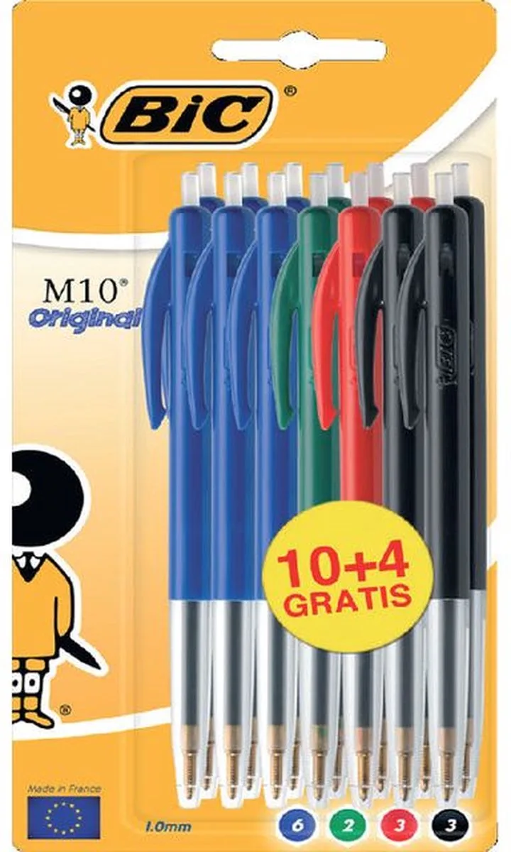 Balpen Bic M10 medium blister à 10+4 gratis | 20 stuks van BIC in Assorti – productfoto