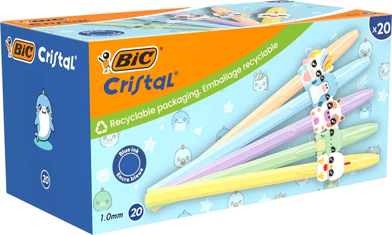 balpen Cristal Medium pastel figurines, doos van 20 stuks, assorti de BIC – photo produit