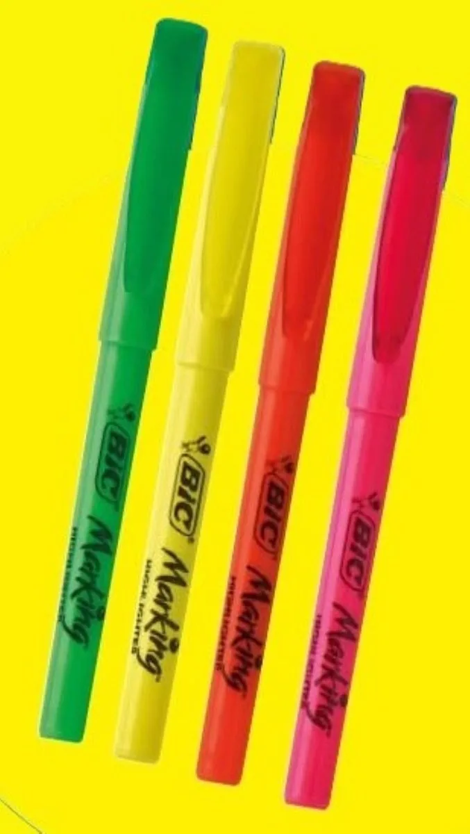 Bic - 4 highlighters - tekstmarkers - markers neon - oranje geel groen roze - afgeplatte punt - 1,6mm en 3,4mm - 13 cm från BIC i Oranje roze geel groen – produktbild