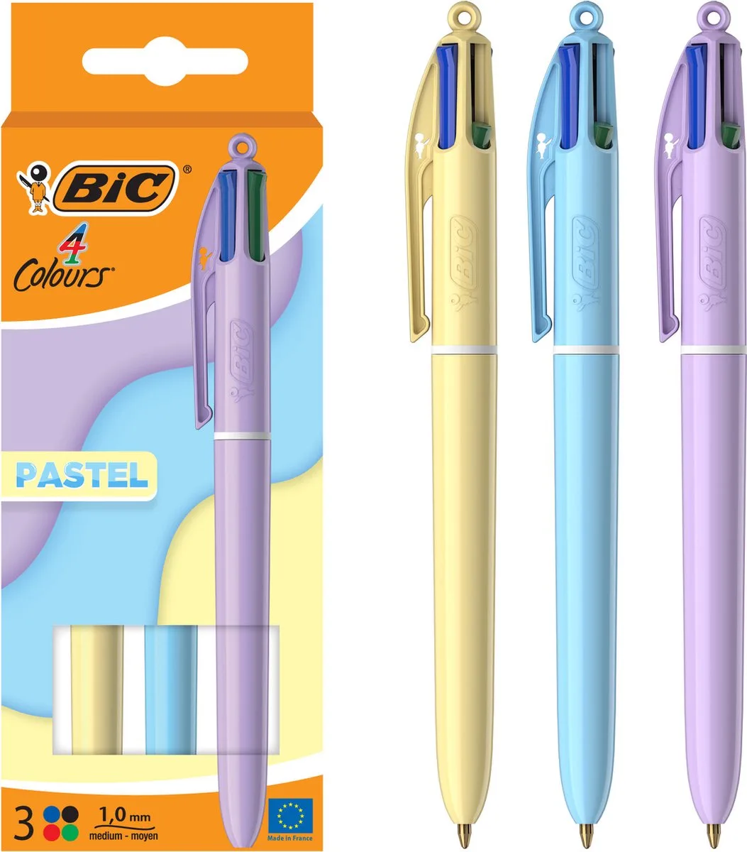 BIC 4 Kleuren - Balpen - Medium Punt (1mm) - Pennen - Blauw, Rood, Groen en Zwart - Pen - 3 Stuks från BIC i Pastel – produktbild