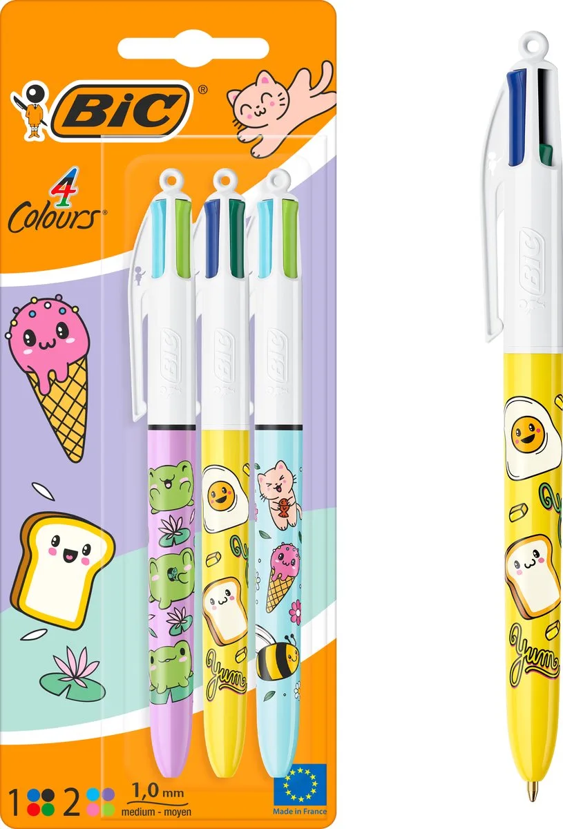 BIC 4 Kleuren Decor Balpen Cute Food Kawaii - Navulbaar voor School en Kantoor - 3 Stuks - Medium Punt 1mm - 8km Schrijfduur de BIC en Multicolore – photo produit