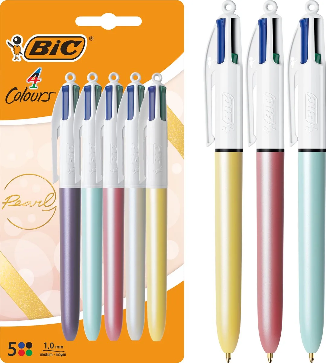 BIC 4 Kleuren Pen met Pareldesign - Balpen - Parel Design - Pennen - Medium Punt (1mm) - Pennen - 5 Stuks van BIC in Pearl – productfoto