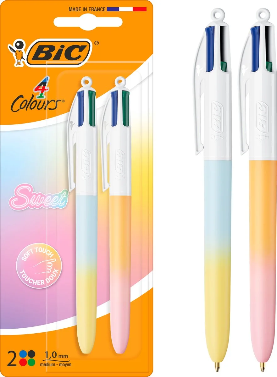 BIC 4 Kleuren Rainbow Pastel Balpen voor School en Kantoor - 4 in 1 Pen - Zwart Rood Groen - 2 Stuks by BIC in Blue – product photo