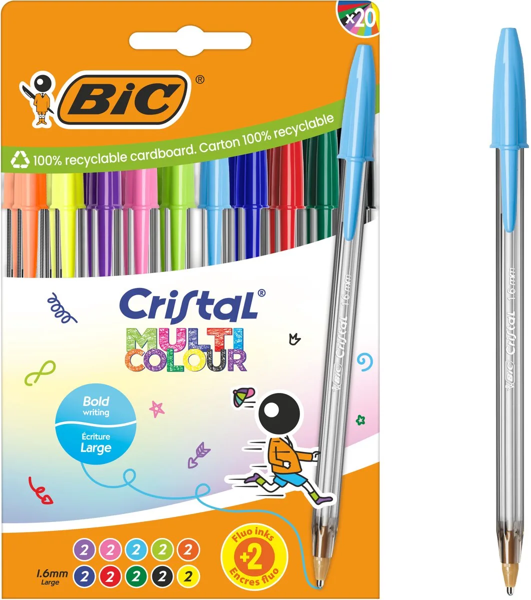 Cristal Multicolour Balpennen Brede Punt (1.6 mm) - Verschillende Kleuren - Pak van 20 Stuks de BIC – photo produit