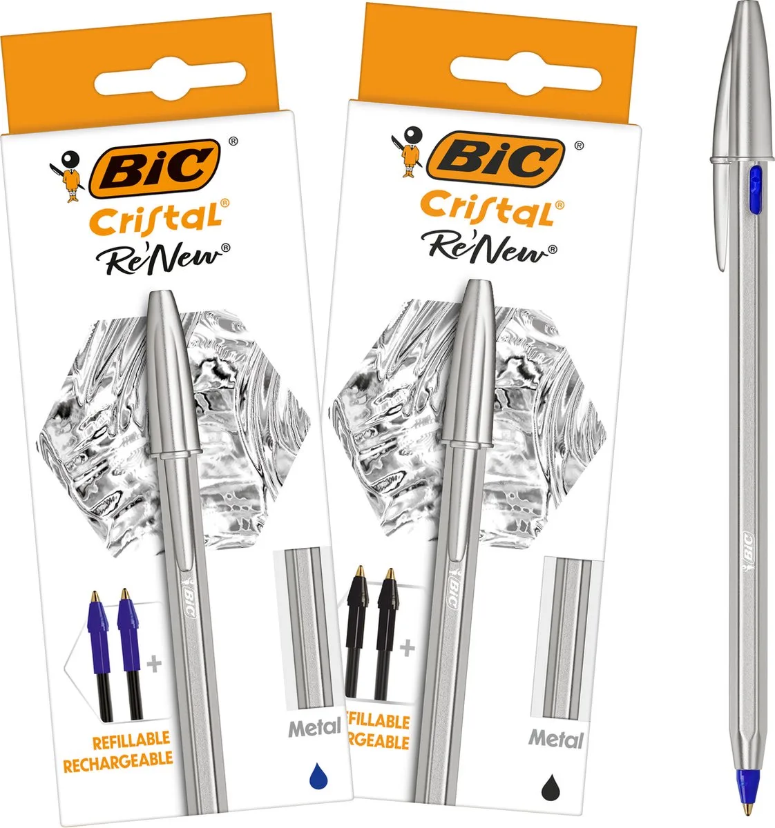 Cristal Re'New Premium Navulbare Balpen voor School en Kantoor - Blauwe en Zwarte Pen met 4 Navullingen - Medium Punt 1,0 mm - 2 stuks de BIC en Argent – photo produit