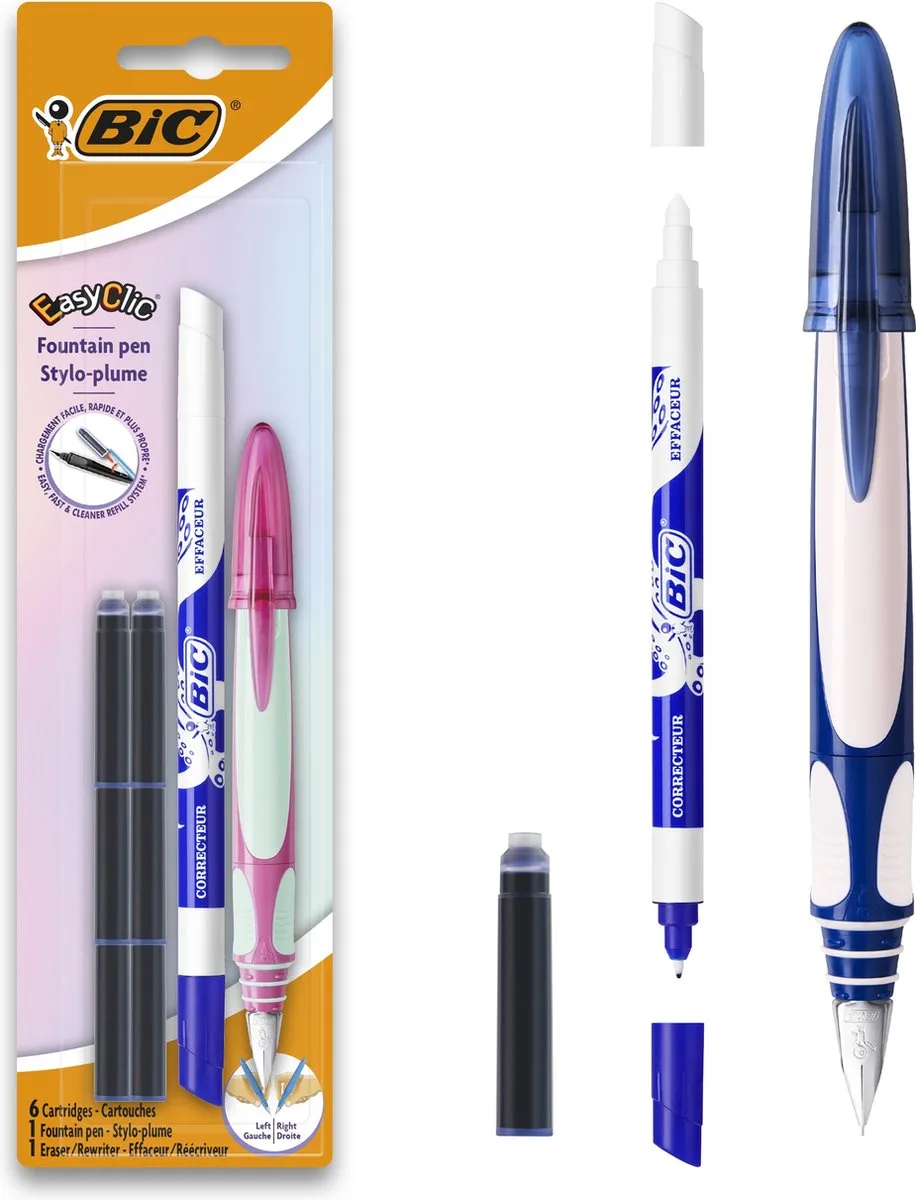 Easy Clic Ergonomische Vulpen - Roze of Rechts- of linkshandig - 1 vulpen met inktwisser en 6 inktpatronen de BIC en Bleu – photo produit