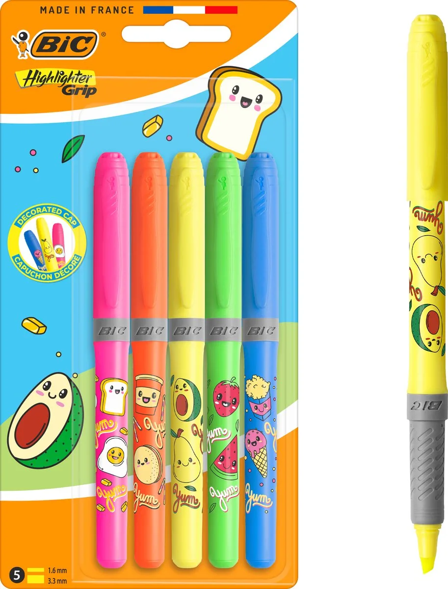 Highlighter Grip Kawaii Neon Fluostiften voor School - Markeerstiften - Beitelpunt - 48u Zonder Dop - 5 Stuks by BIC in Pink – product photo
