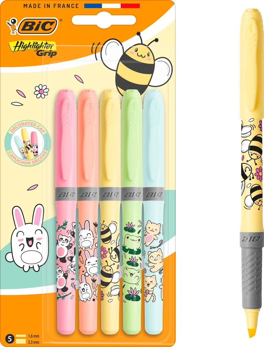 Highlighter Grip Kawaii Pastel Highlighters voor School - Markeerstiften - Schattige Designs - 48u Zonder Dop - 5 Stuks by BIC in Pastel Roze – product photo