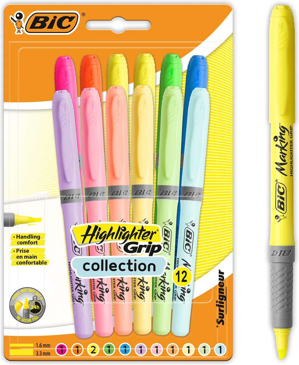 Highlighter Grip - Markeerstiften - Highlighter in Fluo en Pastel Kleuren - Fluostiften met Schuine punt - 12 Stuks van BIC in Meerkleurig – productfoto