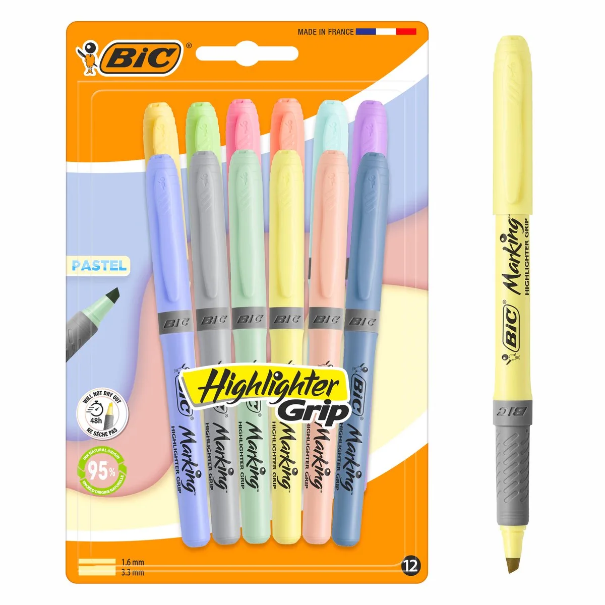 Highlighter Grip Pastel - 12 Stuks - Markeerstiften Zachte Pastelkleuren - 95% Natuurlijk 48u zonder dop by BIC in Diverse kleuren – product photo