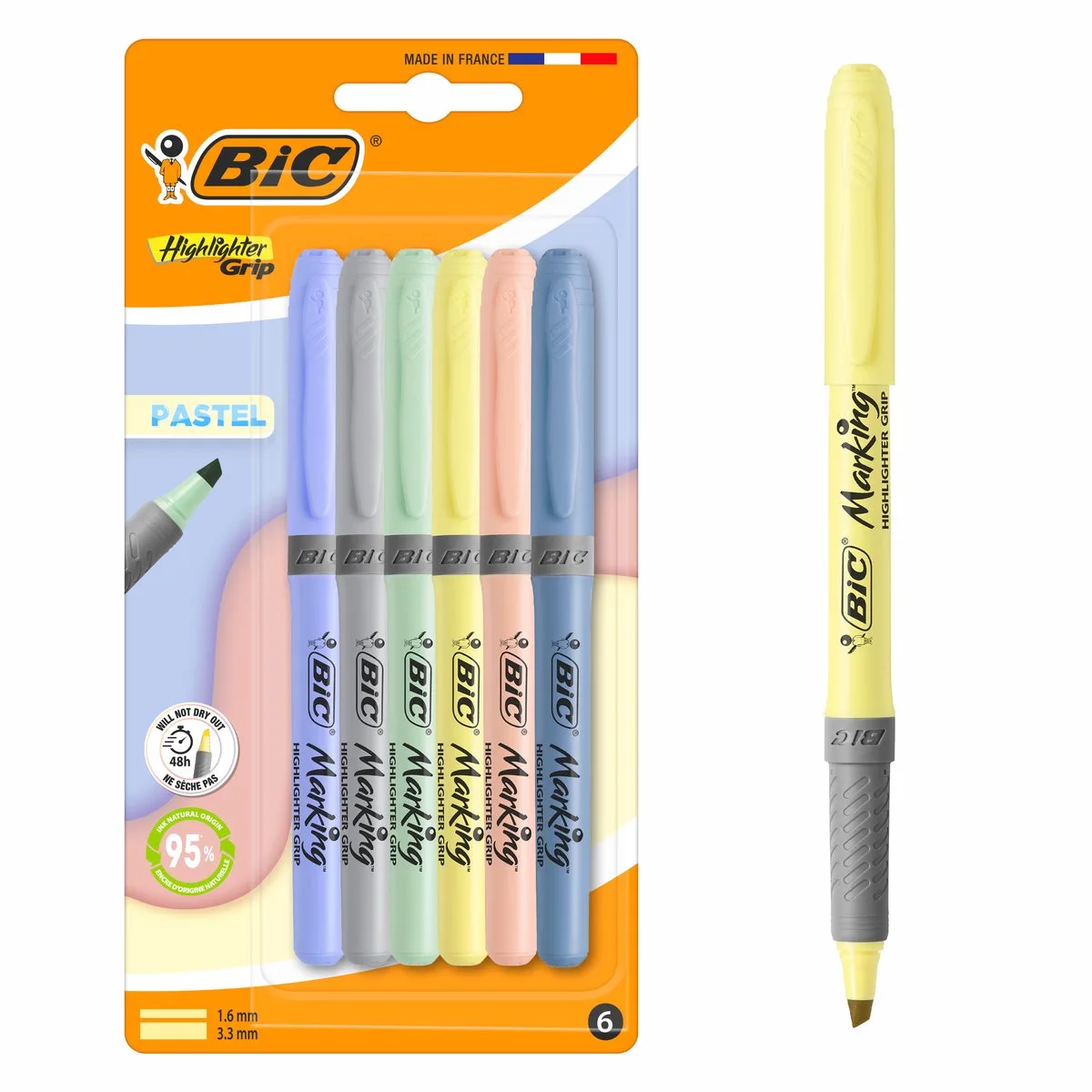 Highlighter Grip Pastel - 6 Stuks - Markeerstiften 6 - 95% Natuurlijk Waterbasis de BIC en Pastelkleuren – photo produit