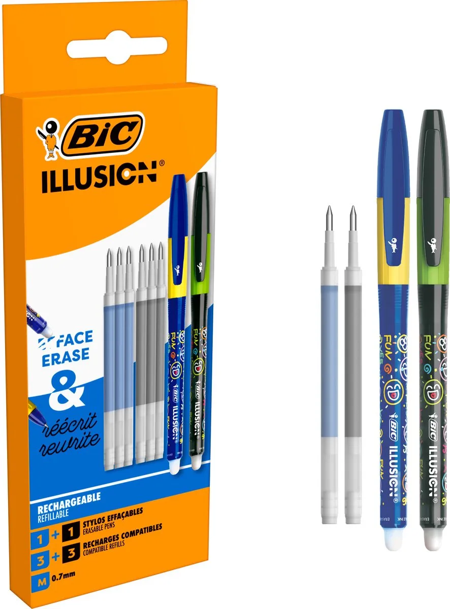 Illusion Uitwisbare Balpen - Blauwe en Zwarte Pen met 6 Navullingen - Medium Punt 0,7 mm - 2 stuks von BIC in Blauw met navullingen – Produktfoto