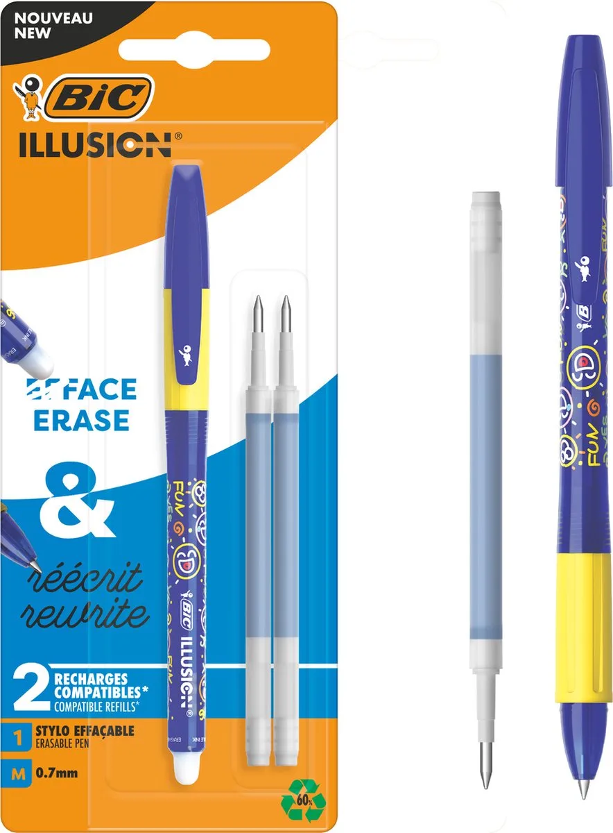 Illusion Uitwisbare Balpen - Blauwe pen met 2 Navullingen - Medium Punt 0,7 mm - 1 Stuk van BIC in Blauw met navulling – productfoto