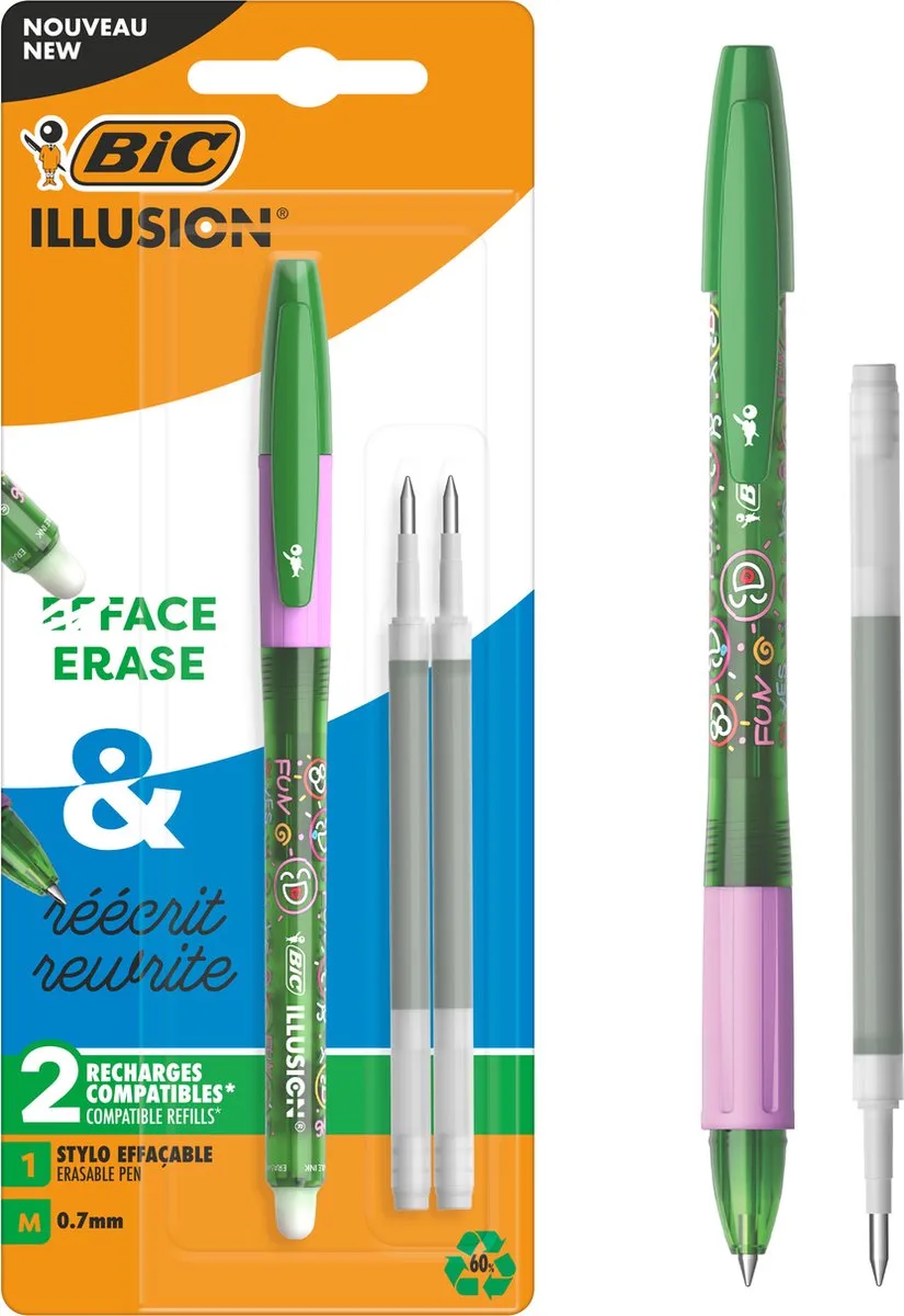 Illusion Uitwisbare Balpen - Groene pen met 2 Navullingen - Medium Punt 0,7 mm - 1 Stuk von BIC in Groen met navulling – Produktfoto