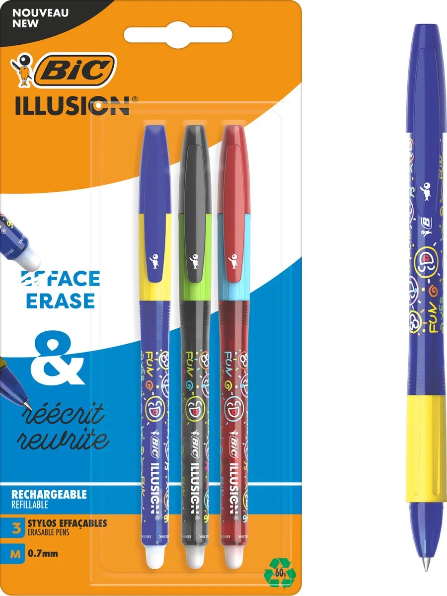 Illusion Uitwisbare Balpennen - Blauwe, Zwarte en Rode Pen - Medium Punt 0,7 mm - 3 Stuks von BIC in Blau, Zwart en rood – Produktfoto