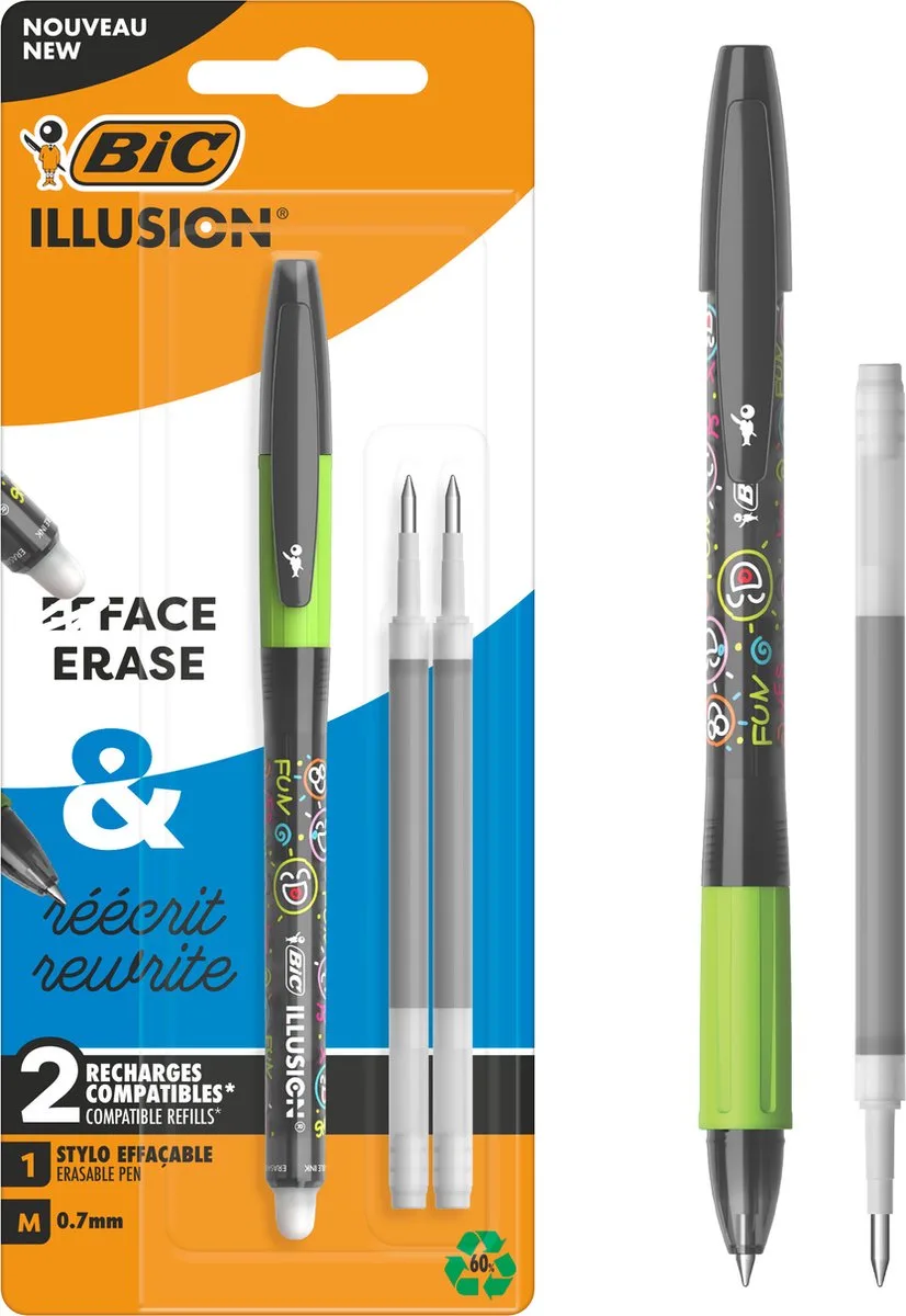 Illusion Uitwisbare Navulbare Balpen voor School en Kantoor - Zwarte pen met 2 Navullingen - Medium Punt 0,7 mm - 1 Stuk de BIC en Zwart met navulling – photo produit