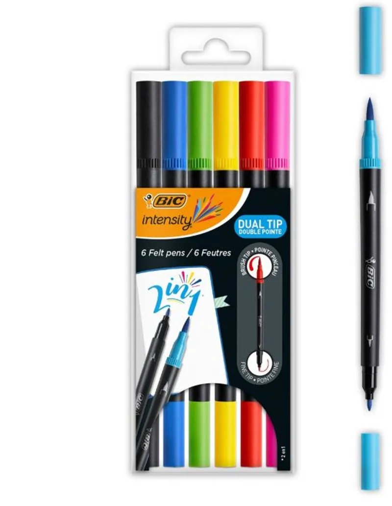 Intensity Dual Tip - Viltstiften - Stiften voor Volwassenen - Kleurstiften met Verstelbare Borstelpunt en Dunne Viltstift - 6 stuks by BIC in Multicolour – product photo