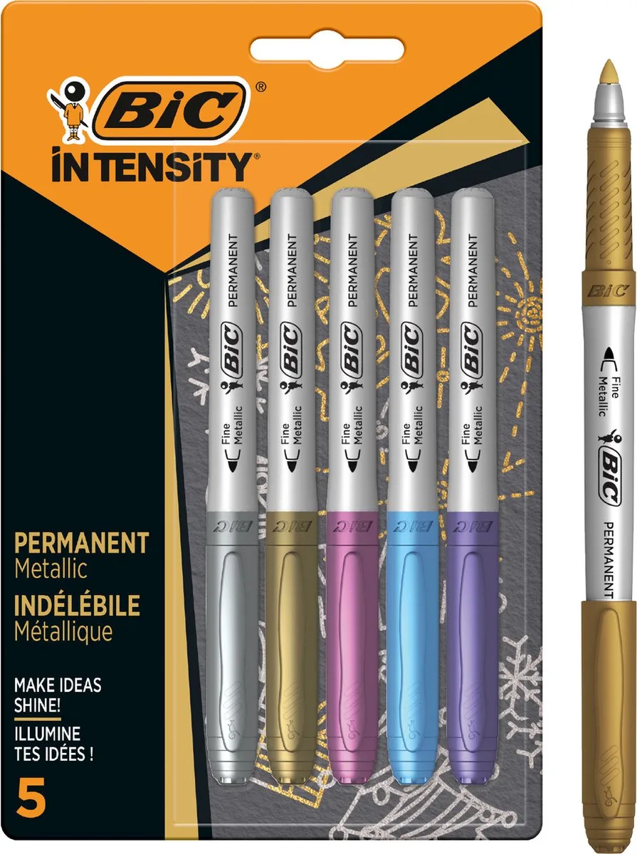 Intensity Metallic Permanent Markers met Kogelpunt voor Lichte en Donkere Poreuze Oppervlakken - Alcoholstift in Verschillende Kleuren - Pak van 5 Stuks - Punt 0.8 mm by BIC in Silver – product photo