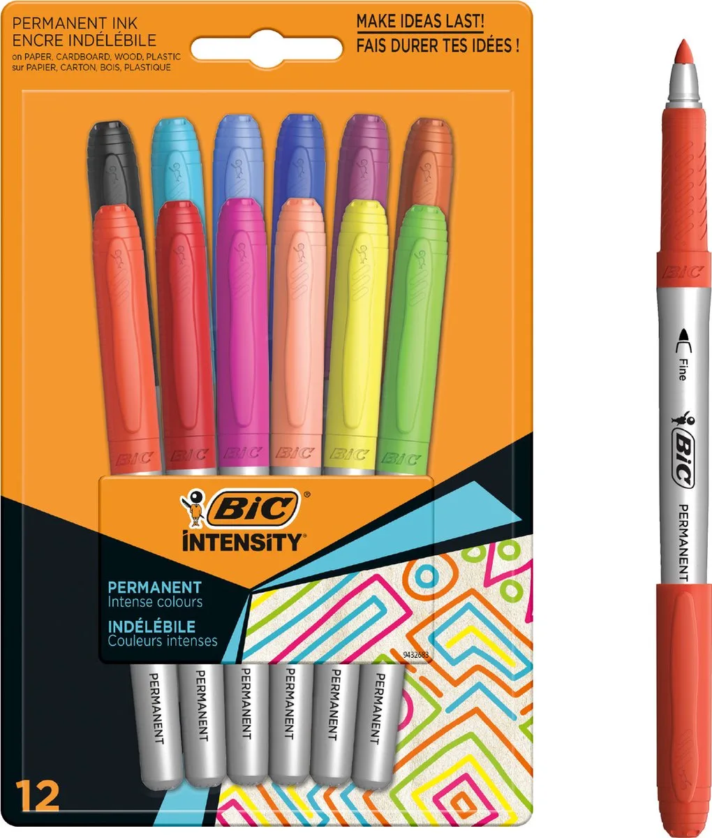 Intensity Permanent Markers en Stiften voor School en Kantoor - Dunne Punt - Watervast in Diverse Kleuren - 12 Stuks de BIC en Multicolore – photo produit
