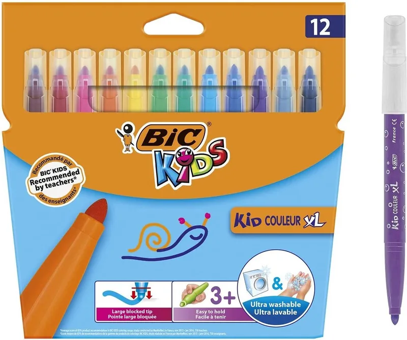 Kids Couleur XL Dikke Viltstift - Ultra wasbaar - 3 jaar en ouder - 12 kleuren de BIC en Multicolore – photo produit