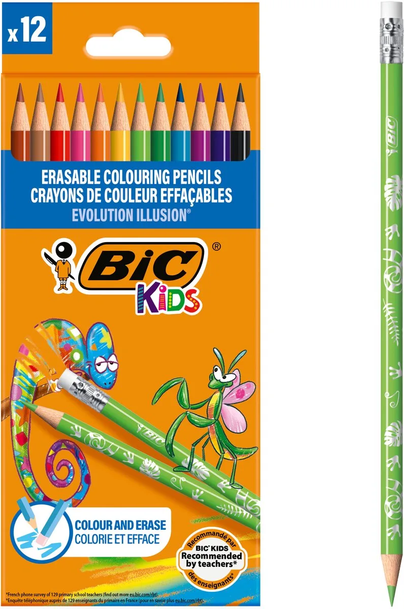 Kids Evolution Illusion Uitwisbare Kleurpotloden - Diverse Kleuren- Verpakking van 12 de BIC en Multicolore – photo produit