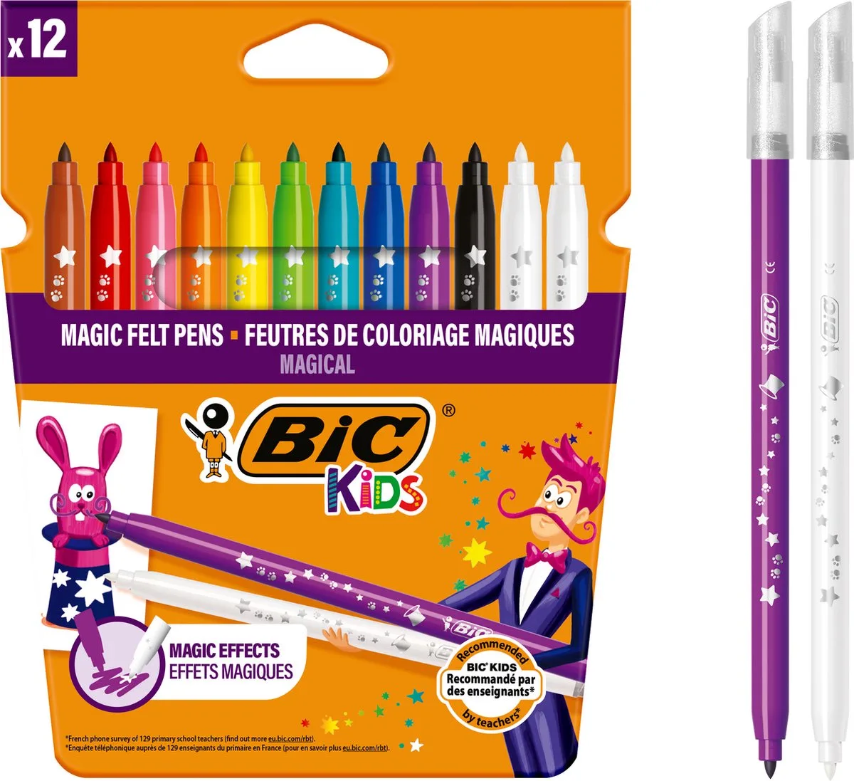 Kids Magic - Viltstiften met Uitwisbare inkt - Stiften voor Kinderen - Uitwasbare Kleurstiften - 12 Stuks de BIC en Violet – photo produit