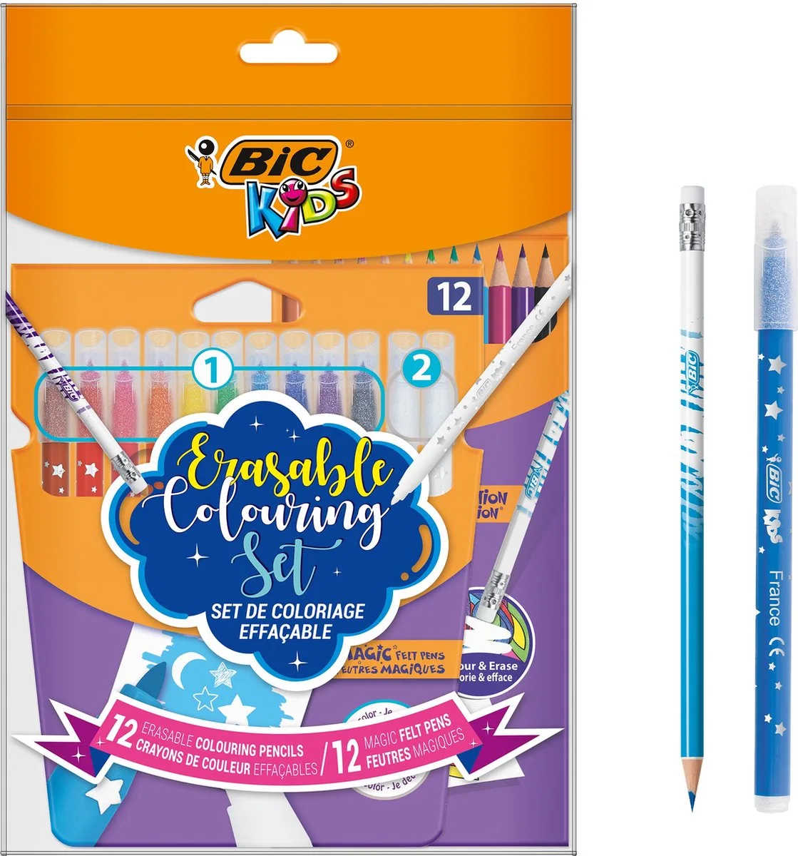 Kids magische viltstiften en uitgumbare kleurpotloden - bundel van 12 kleurstiften en 12 kleurpotloden de BIC en Divers set – photo produit