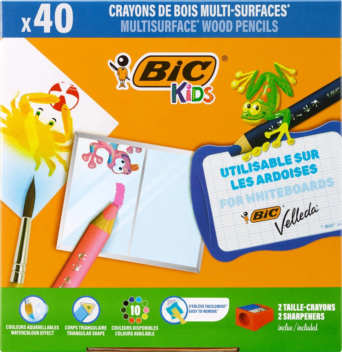 Kids Multisurface Kleurpotloden met Driehoekige vorm - Uitwisbaar - 4 x 10 Kleuren - Classpack van 40 potloden + 2 Puntenslijpers by BIC in Yellow – product photo