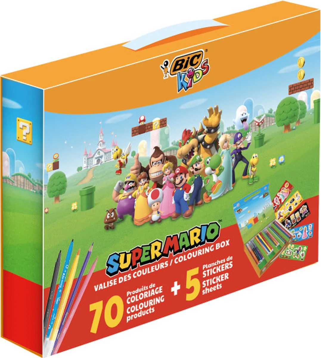 Kids Super Mario Kleurdoos - met Kleurpotloden - Visaquarelle - Aquarelpotloden - Viltstiften en Stickers - Verschillende Kleuren - Herbruikbare Doos van 70 Stuks met 5 Stickervellen de BIC en Bleu – photo produit