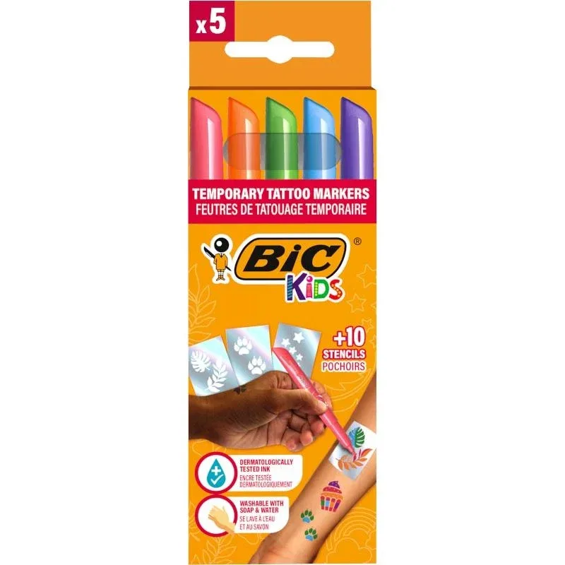 Kids tattoo marker set, assorti, set van 5 pennen en 10 stencils by BIC – product photo