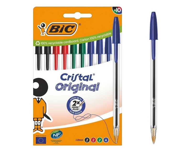 Kugelschreiber Cristal Original, (10-tlg), Strichstärke: 0,4 mm, mit Kappe fra BIC i Blå, Flerfarvet, Grøn, Rød, Sort – produktbillede