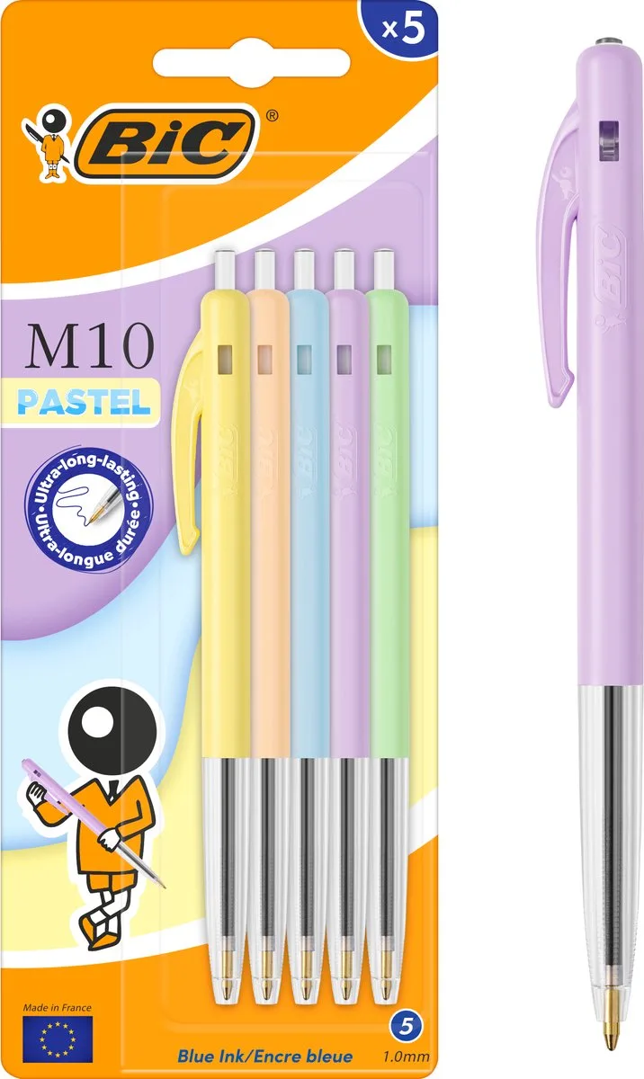 M10 Original Pastel - Balpennen - Pen - Uitschuifbaar - Balpen - Pennen - 5 Stuks van BIC in Schrijfkleur blauw – productfoto