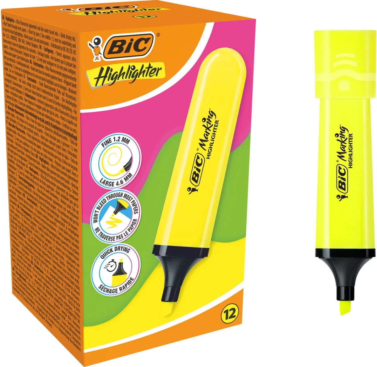 Marking Flat Gele Markeerstiften voor School en Kantoor - Highlighter - Fluostiften met Schuine punt 1.2 mm-4.6 mm - 12 Stuks de BIC en Jaune – photo produit