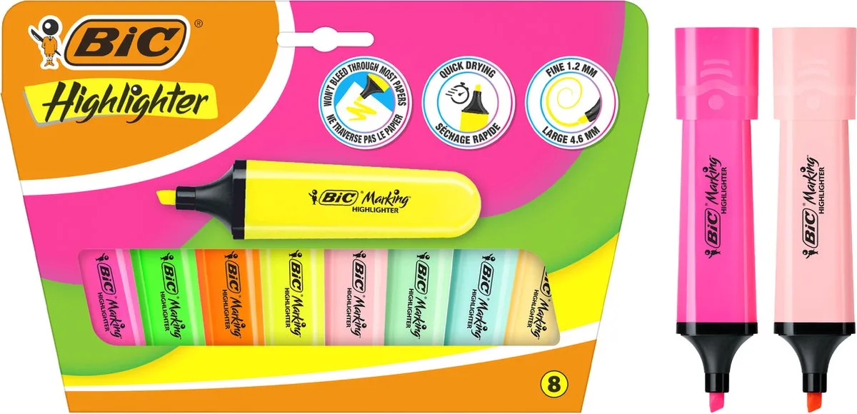 Marking Flat - Markeerstiften - Highlighter in Fluo en Pastel Kleuren - Fluostiften met Schuine punt 1.2 mm-4.6 mm - 8 stuks by BIC in Red, Yellow, Blue, Groen) – product photo