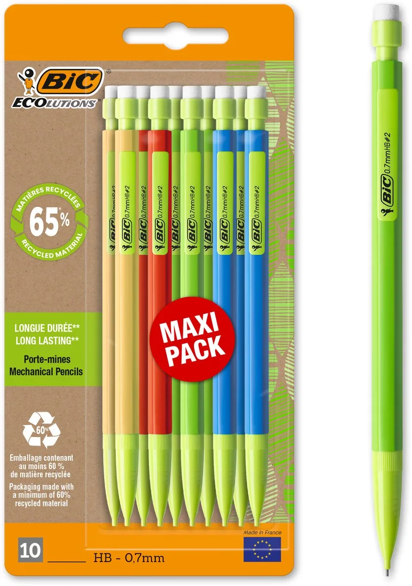 Matic ECOlutions - Vulpotlood - Met gum - HB Potlood 0,7 mm - Verschillende kleuren - 10 Stuks by BIC in Black – product photo