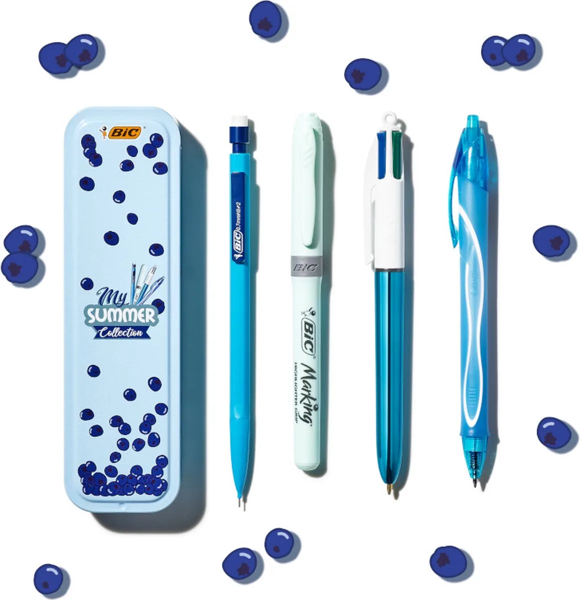 My Blue Collection - Blauwe set - 4 Kleurenpen - Gel-Ocity Quick Dry gelpen - Vulpotlood - Markeerstift - 4 stuks de BIC en Bleu – photo produit