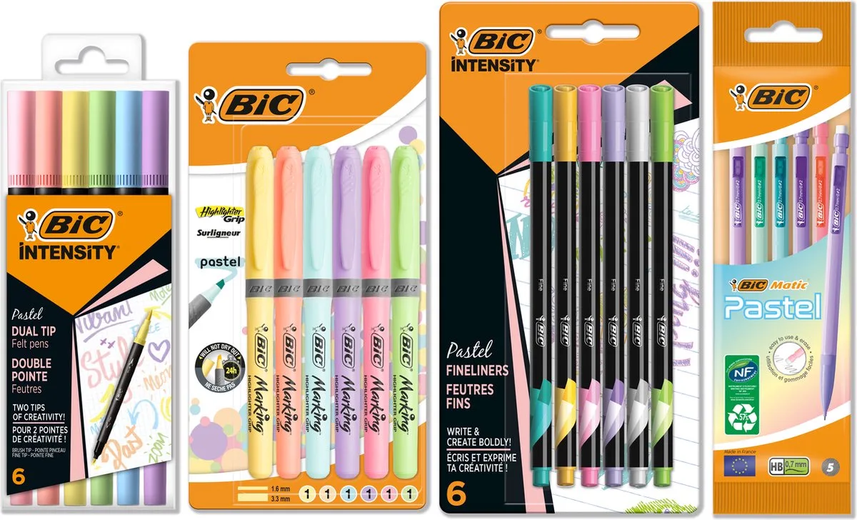 Pastel Schrijfwaren - met Viltstiften, Vulpotloden, Markeerstiften en Fineliners - Set voor naar School - 23 Stuks de BIC en Multicolore – photo produit