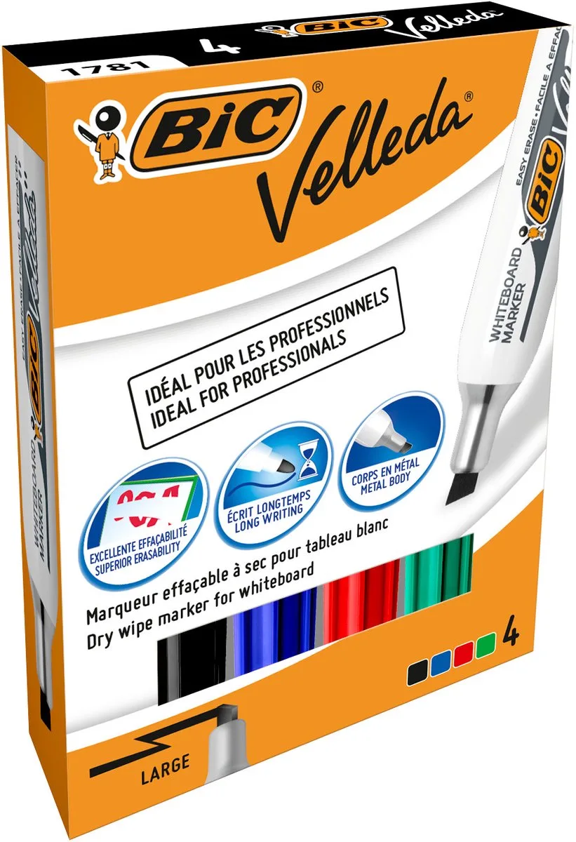 Velleda 1791 Whiteboard Stiften voor Dry Erase- Grote Schuine Punt - Diverse Kleuren - 4 Stuks von BIC in Mehrfarbig – Produktfoto