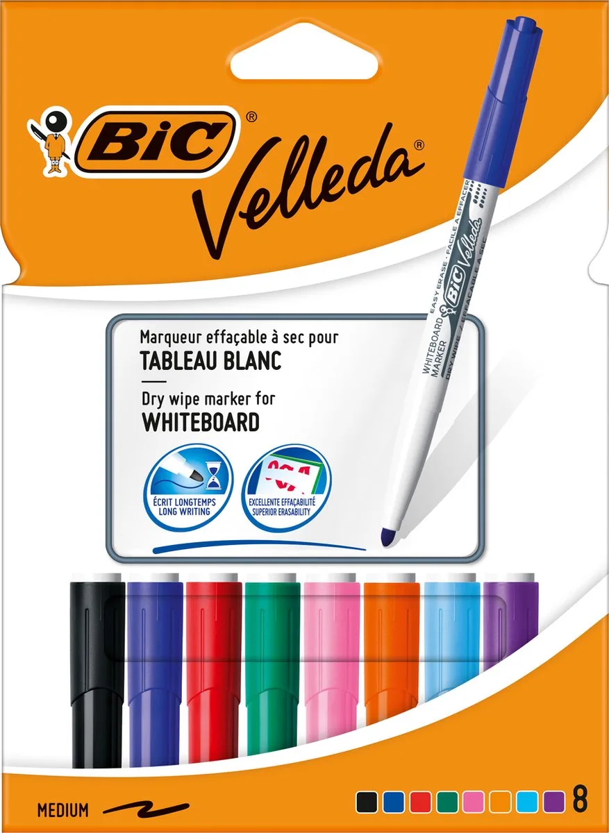 Velleda - Whiteboardmarker - Whiteboard Stiften voor Wisborden - Whiteboard Markers met Dunne Schuine Punt - 8 stuks van BIC – productfoto