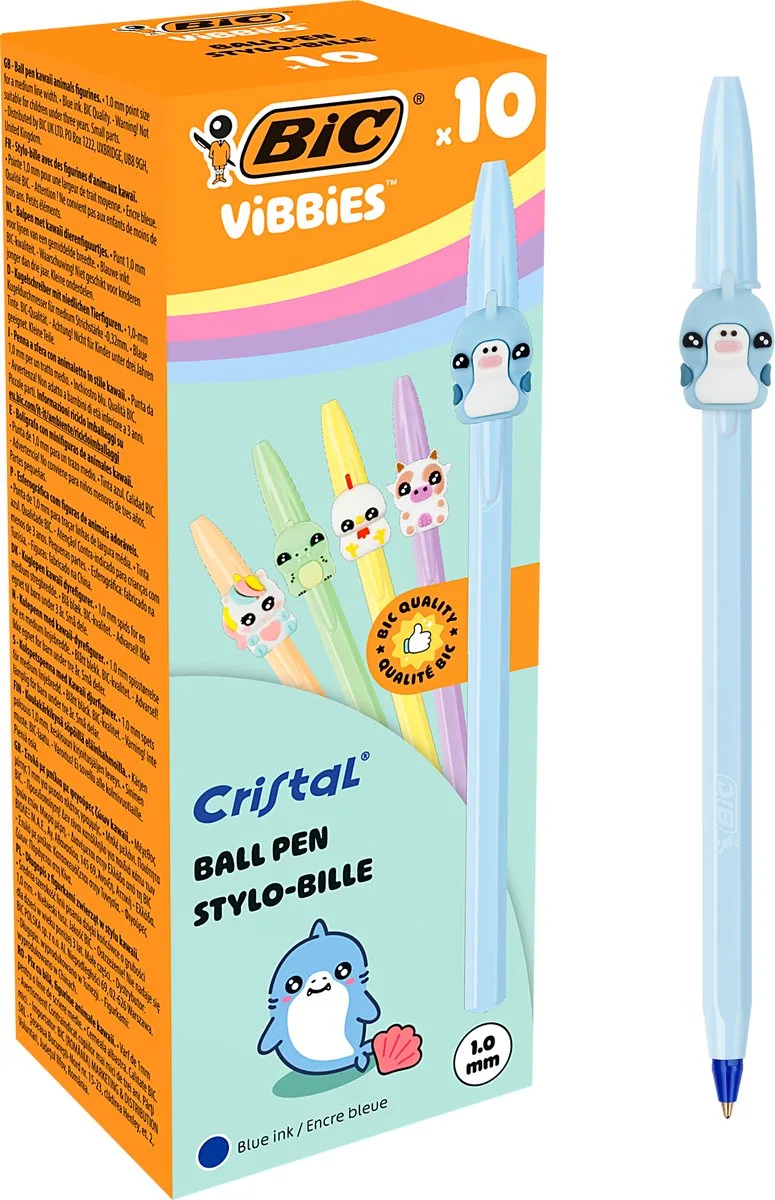 Vibbies Cristal Balpennen Medium Punt (1 mm) met 10 Kawaii Dierfiguurtjes - Blauwe Inkt- Pak van 10 från BIC i Blå – produktbild