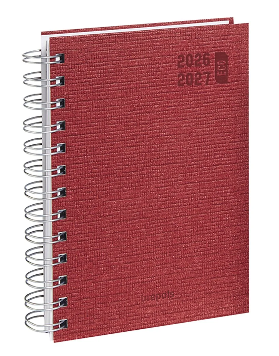 agenda 2026-2027 - ECO DECO - Schoolagenda - 1 dag per pagina - Wire-O - Dagoverzicht - 11.5 x 16.9 cm van Brepols in Rood – productfoto