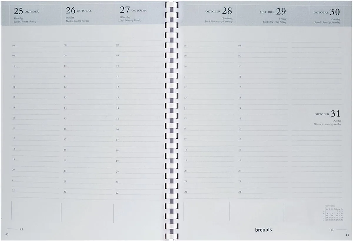 bureau agendavulling 2027 - TIMING [0.137] - VULLING - Bureau agenda - 1 week op 2 pagina's - Weekoverzicht - Gespiraleerd - Navulling - 17.1 x 22 cm de Brepols en Blanc – photo produit